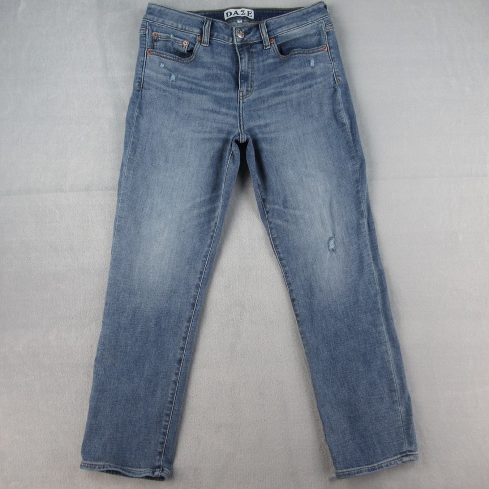 Daze Denim‎ Sweet Mid Rise Slim Straight Jean Blue Distressed 29